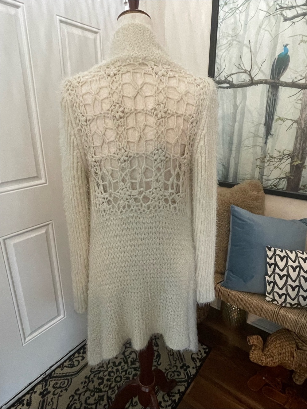 RYU | Cream Fuzzy Knit Open Draped Asymmetric Cardigan Bohemian Romantic | S
